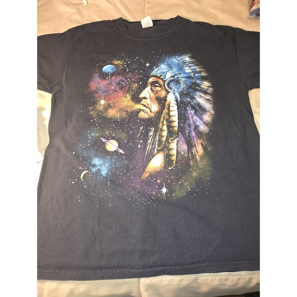 Vintage Native American Indian Chief Galaxy Space T Shirt Fruit Loom Large